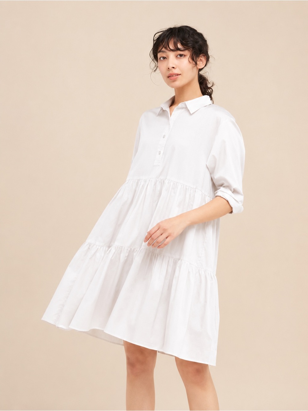 Uniqlo White Cotton Mini Tiered Shirt Dress